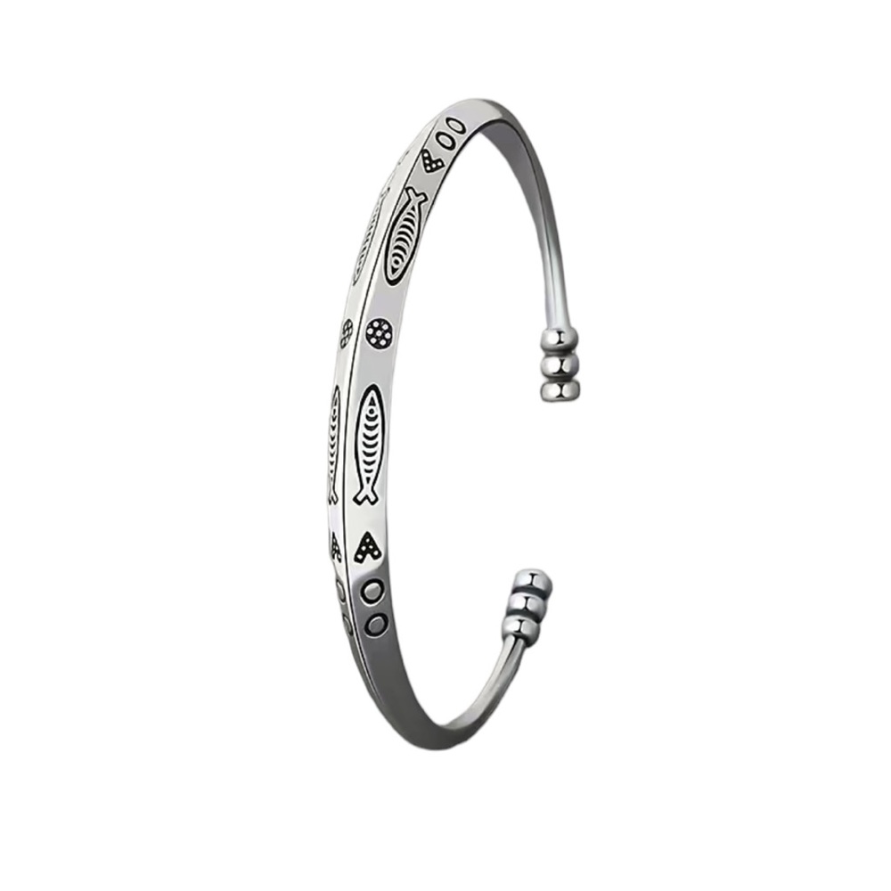 Silver Open Cuff Bracelet with Fish Engraved Design